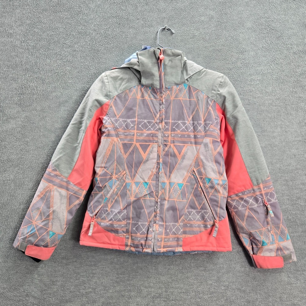 Roxy Girls Jacket Medium Pink Gray Geometric Windbreaker Dry Flight Hooded READ